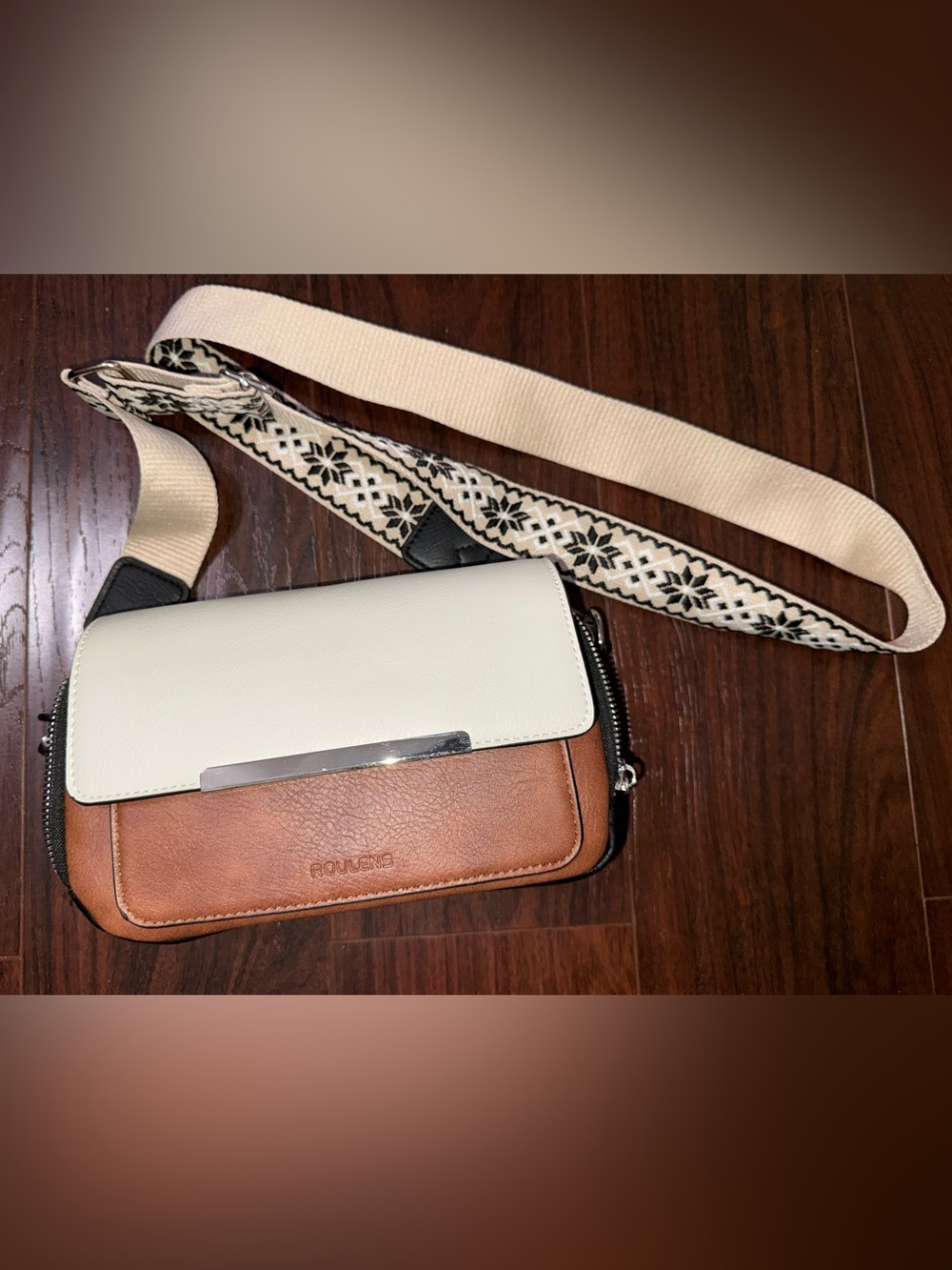 Two-Tone Cream and Brown Crossbody Bag with Patterned Strap